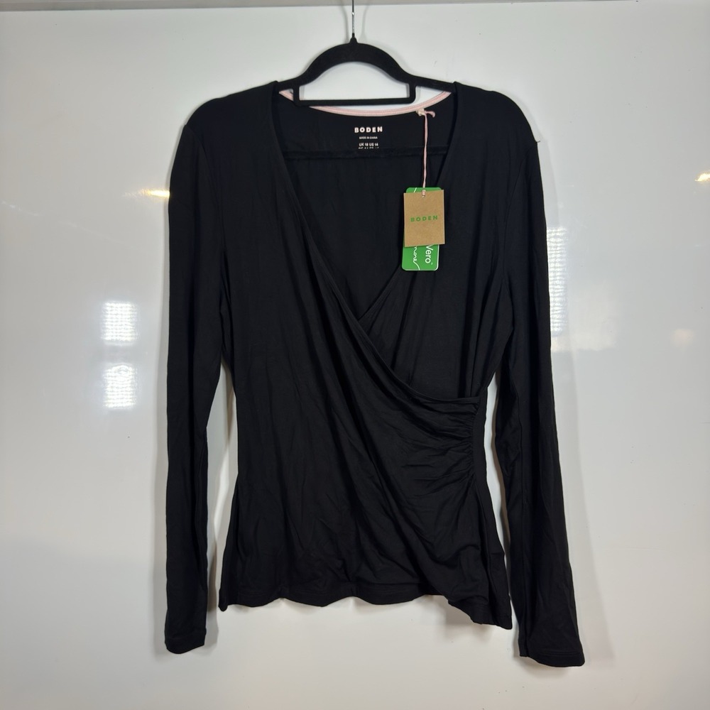 Boden Black Blouse Long Sleeve Jersey Wrap Top Size 14 NEW